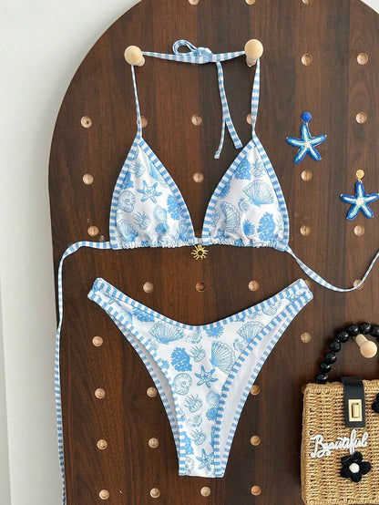 Women's 2-Piece Boho Halter Bikini Set - Gold Accessory, High-Cut, Floral Print, Multicolor