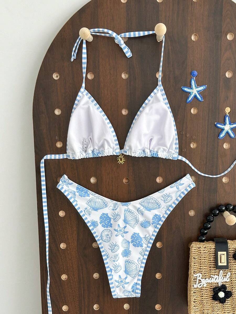 Women's 2-Piece Boho Halter Bikini Set - Gold Accessory, High-Cut, Floral Print, Multicolor