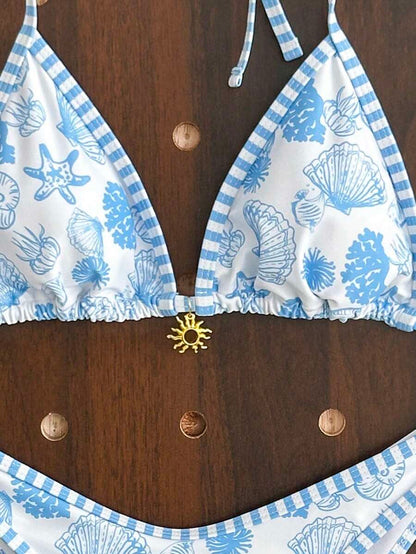 Women's 2-Piece Boho Halter Bikini Set - Gold Accessory, High-Cut, Floral Print, Multicolor