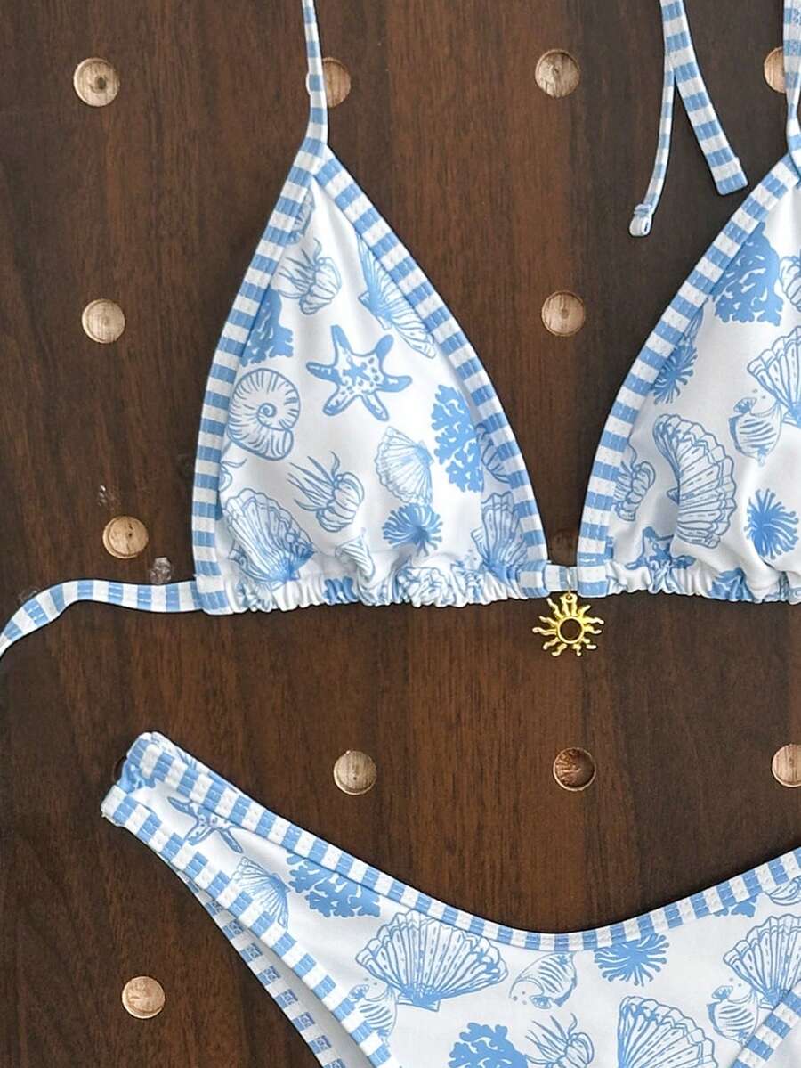 Women's 2-Piece Boho Halter Bikini Set - Gold Accessory, High-Cut, Floral Print, Multicolor