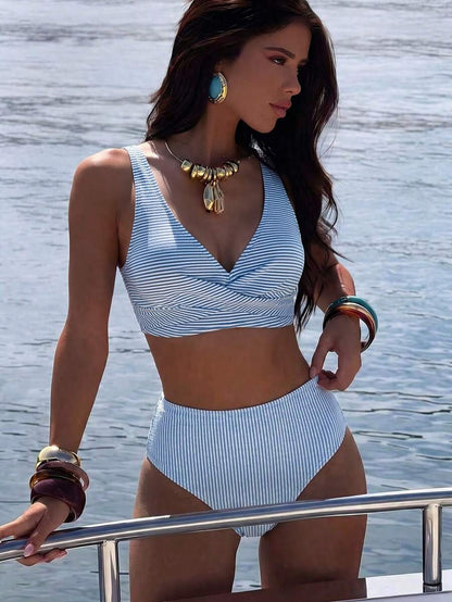 Women's 2-Piece Striped Bikini Set - Cross Wrap Bust, High Waist, Deep V Neck, Blue