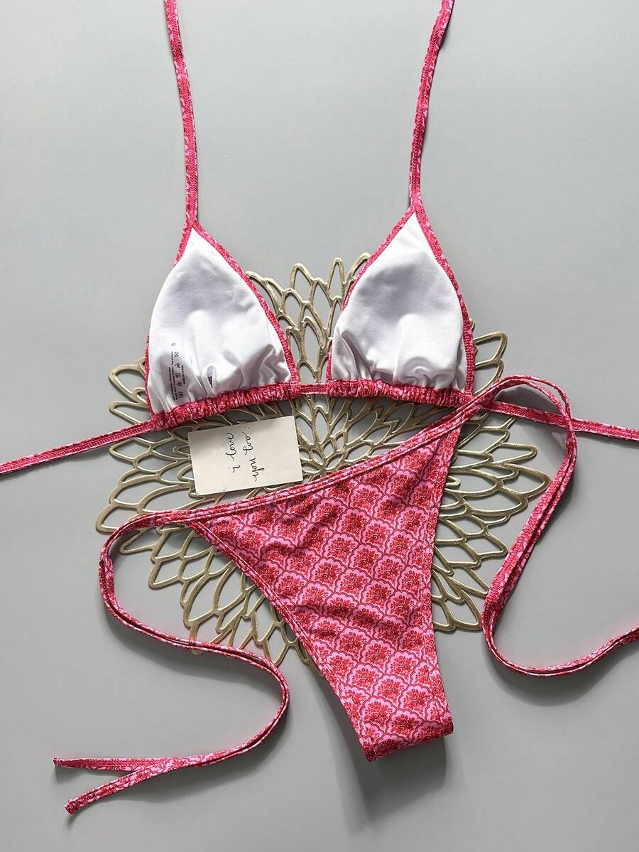 Swim Vcay Women's Summer Beach Contrast Color Halter Tie Sexy Bikini And Triangle Panty Swimwear Set Blue Bikini Yacht Party Outfit Vacation Bikini Boat Party Outfit Women Tie Side Bikini Triangle Bikini Set Light Blue Bikini