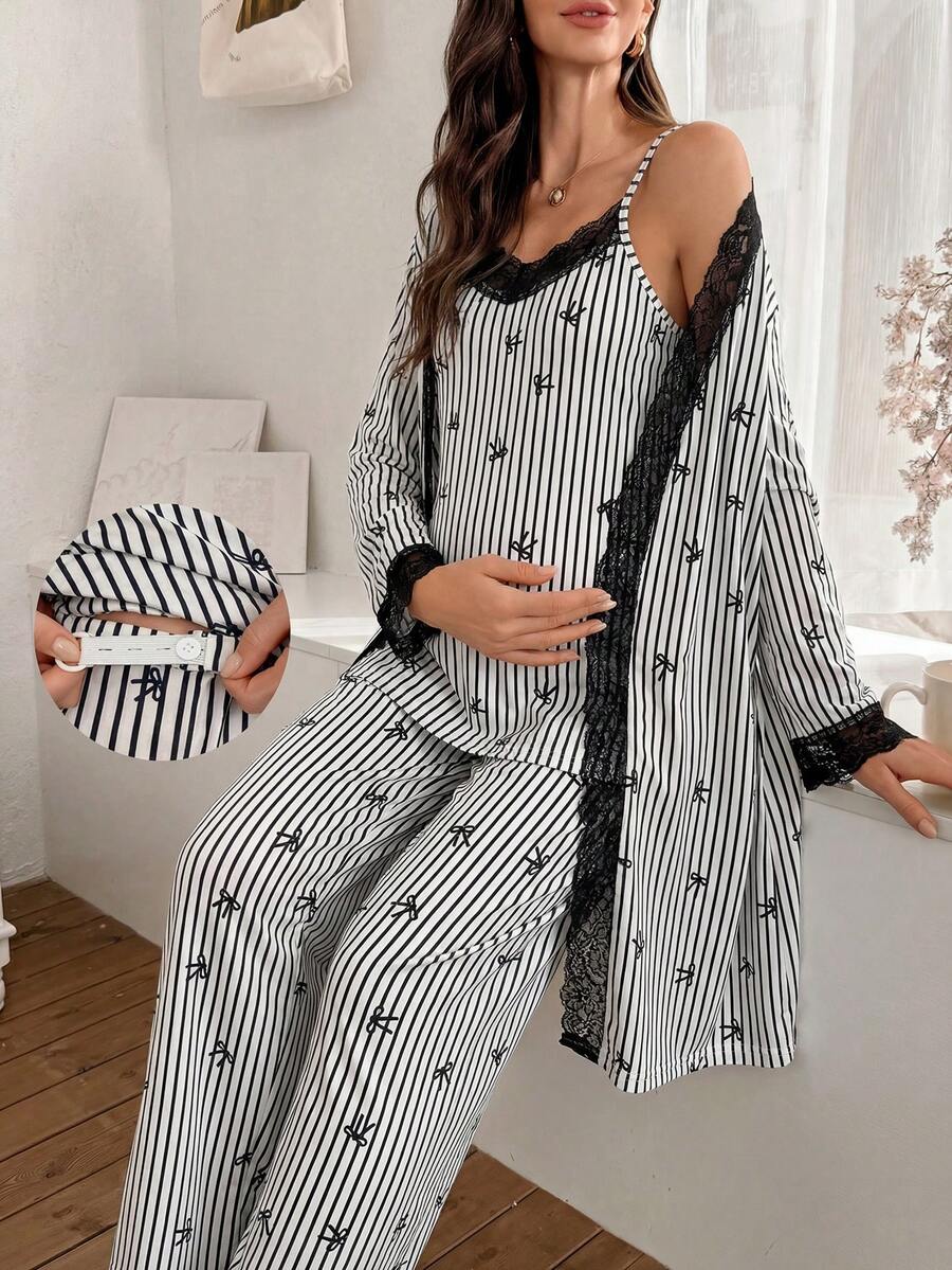 3-Piece Striped Bow Print Maternity Pajama Set with Contrast Lace - Long Sleeve Cardigan Spaghetti Strap Top and Pants - Multicolor Winter Sleepwear Set