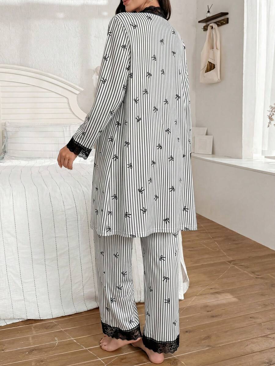 3-Piece Striped Bow Print Maternity Pajama Set with Contrast Lace - Long Sleeve Cardigan Spaghetti Strap Top and Pants - Multicolor Winter Sleepwear Set