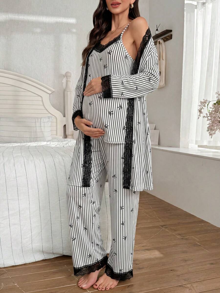 3-Piece Striped Bow Print Maternity Pajama Set with Contrast Lace - Long Sleeve Cardigan Spaghetti Strap Top and Pants - Multicolor Winter Sleepwear Set