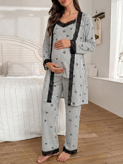 3-Piece Striped Bow Print Maternity Pajama Set with Contrast Lace - Long Sleeve Cardigan Spaghetti Strap Top and Pants - Multicolor Winter Sleepwear Set