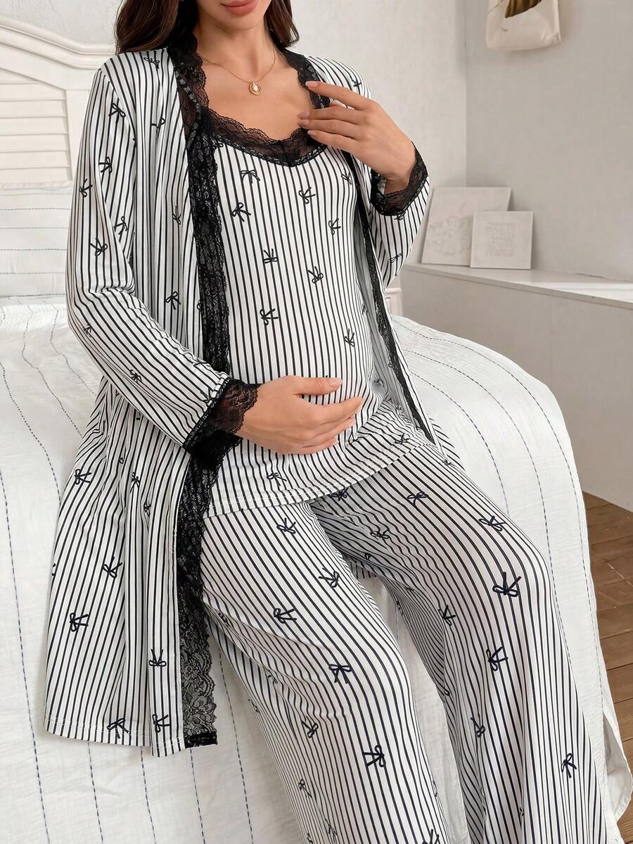 3-Piece Striped Bow Print Maternity Pajama Set with Contrast Lace - Long Sleeve Cardigan Spaghetti Strap Top and Pants - Multicolor Winter Sleepwear Set
