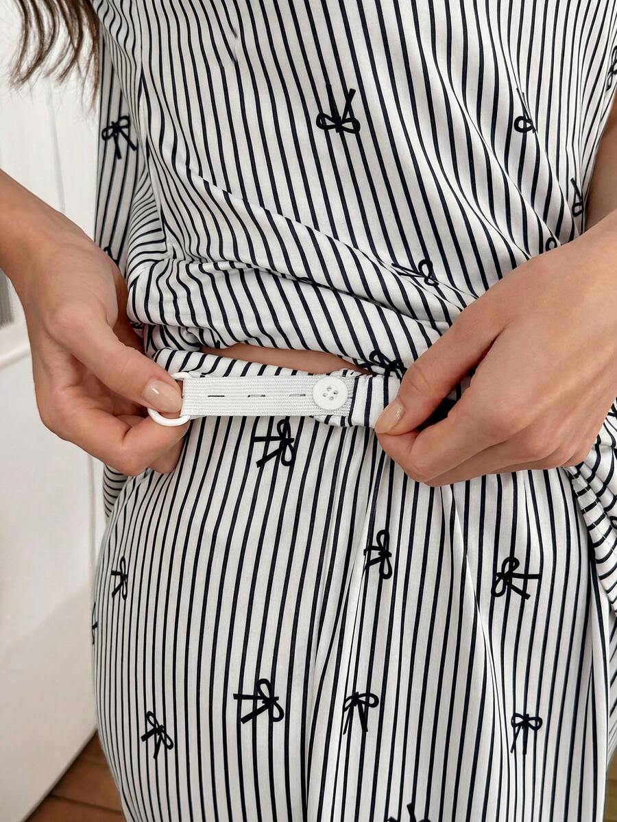 3-Piece Striped Bow Print Maternity Pajama Set with Contrast Lace - Long Sleeve Cardigan Spaghetti Strap Top and Pants - Multicolor Winter Sleepwear Set
