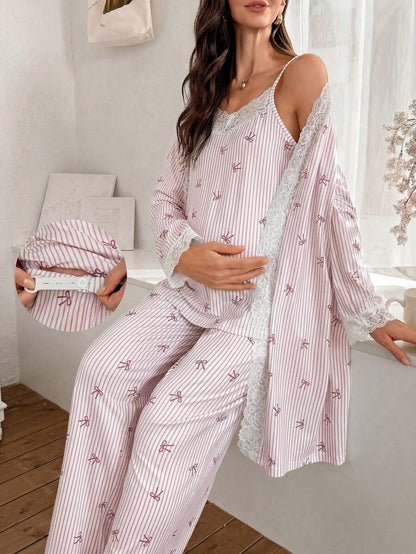 3-Piece Striped Bow Print Maternity Pajama Set with Contrast Lace - Long Sleeve Cardigan Spaghetti Strap Top and Pants - Multicolor Winter Sleepwear Set