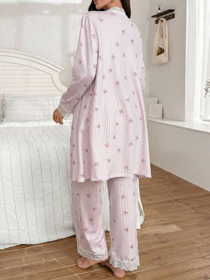 3-Piece Striped Bow Print Maternity Pajama Set with Contrast Lace - Long Sleeve Cardigan Spaghetti Strap Top and Pants - Multicolor Winter Sleepwear Set