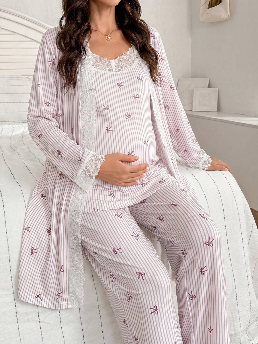 3-Piece Striped Bow Print Maternity Pajama Set with Contrast Lace - Long Sleeve Cardigan Spaghetti Strap Top and Pants - Multicolor Winter Sleepwear Set