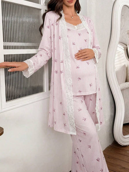 3-Piece Striped Bow Print Maternity Pajama Set with Contrast Lace - Long Sleeve Cardigan Spaghetti Strap Top and Pants - Multicolor Winter Sleepwear Set