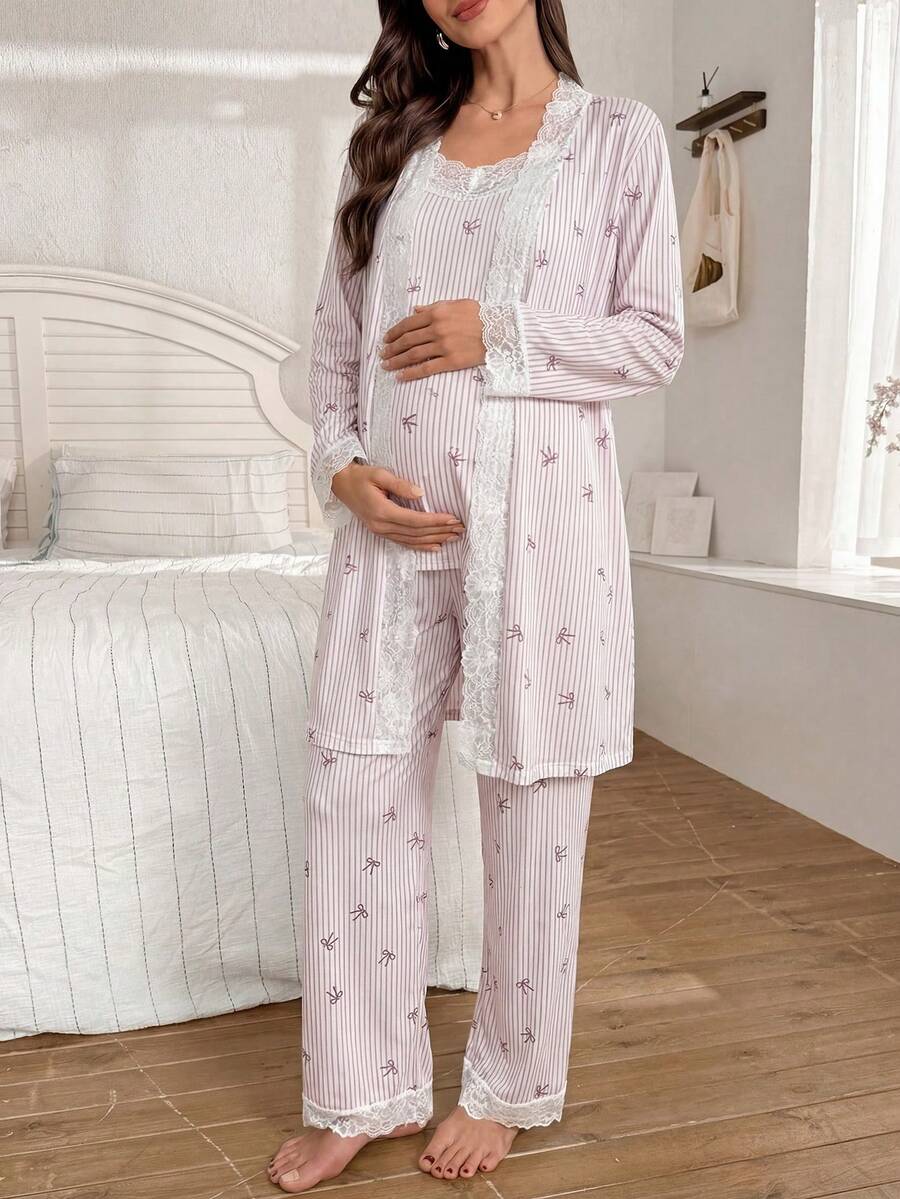 3-Piece Striped Bow Print Maternity Pajama Set with Contrast Lace - Long Sleeve Cardigan Spaghetti Strap Top and Pants - Multicolor Winter Sleepwear Set