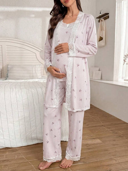 3-Piece Striped Bow Print Maternity Pajama Set with Contrast Lace - Long Sleeve Cardigan Spaghetti Strap Top and Pants - Multicolor Winter Sleepwear Set