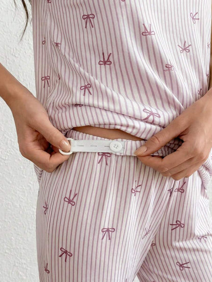 3-Piece Striped Bow Print Maternity Pajama Set with Contrast Lace - Long Sleeve Cardigan Spaghetti Strap Top and Pants - Multicolor Winter Sleepwear Set