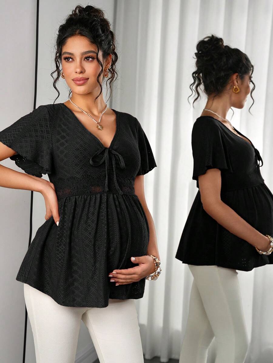 Maternity Hollow Embroidered Tee - V Neck, Puff Short Sleeve, Contrast Lace, Ruched, Yellow