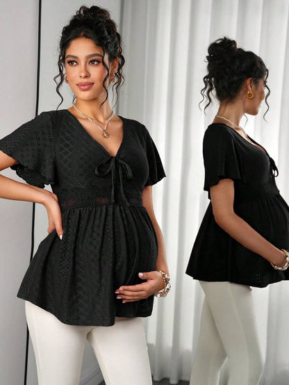 Maternity Hollow Embroidered Tee - V Neck, Puff Short Sleeve, Contrast Lace, Ruched, Yellow