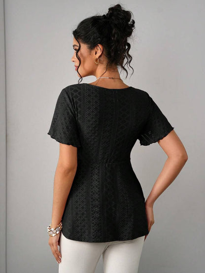 Maternity Hollow Embroidered Tee - V Neck, Puff Short Sleeve, Contrast Lace, Ruched, Yellow