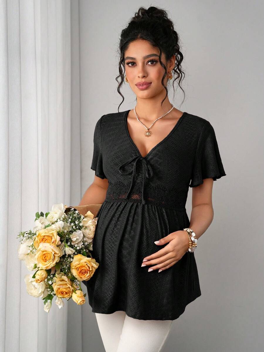 Maternity Hollow Embroidered Tee - V Neck, Puff Short Sleeve, Contrast Lace, Ruched, Yellow
