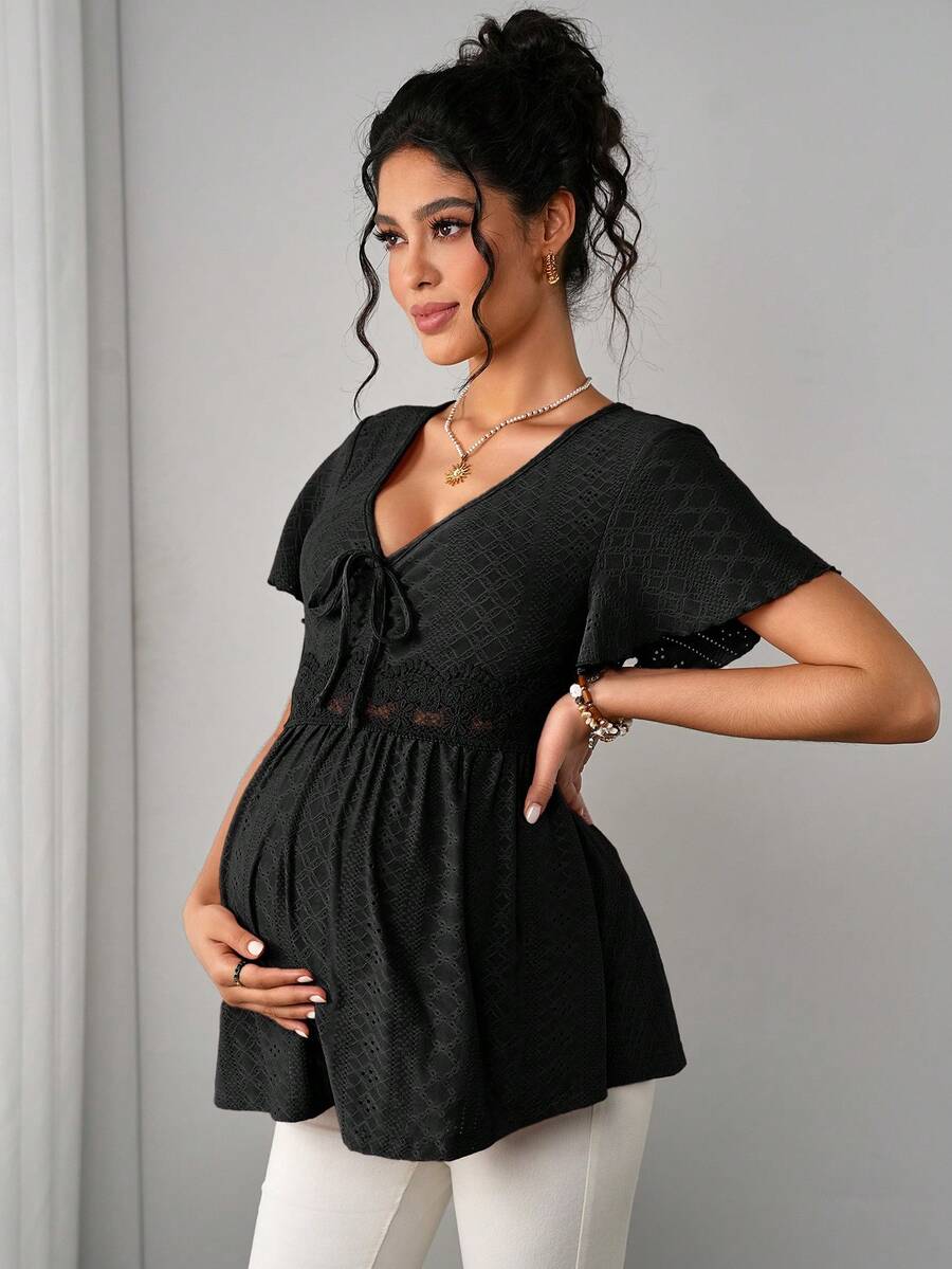 Maternity Hollow Embroidered Tee - V Neck, Puff Short Sleeve, Contrast Lace, Ruched, Yellow