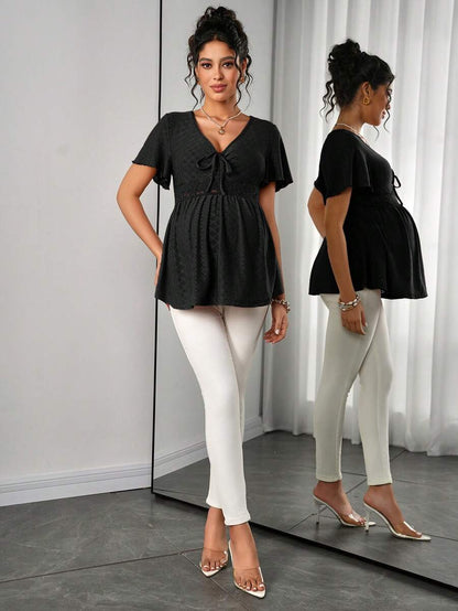 Maternity Hollow Embroidered Tee - V Neck, Puff Short Sleeve, Contrast Lace, Ruched, Yellow