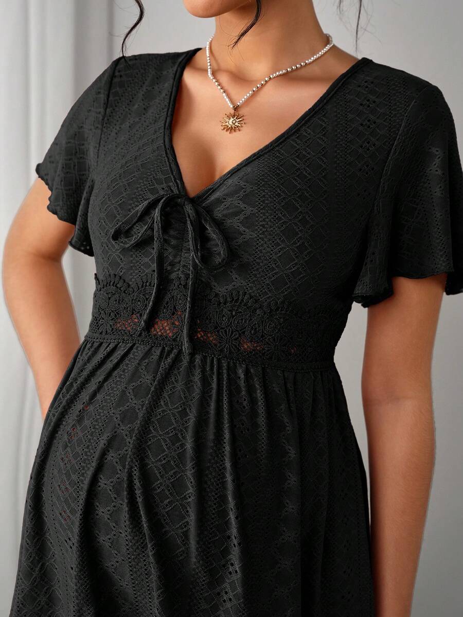 Maternity Hollow Embroidered Tee - V Neck, Puff Short Sleeve, Contrast Lace, Ruched, Yellow