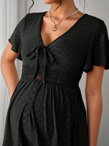 Maternity Hollow Embroidered Tee - V Neck, Puff Short Sleeve, Contrast Lace, Ruched, Yellow