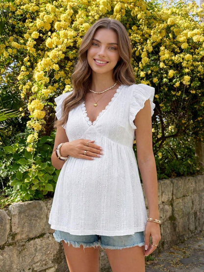 White Knit Jacquard Maternity Top with Contrast Lace V-Neck and Layered Ruffle Sleeves – Boho Doll Style Summer Vacation Peplum Blouse