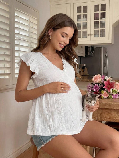 White Knit Jacquard Maternity Top with Contrast Lace V-Neck and Layered Ruffle Sleeves – Boho Doll Style Summer Vacation Peplum Blouse
