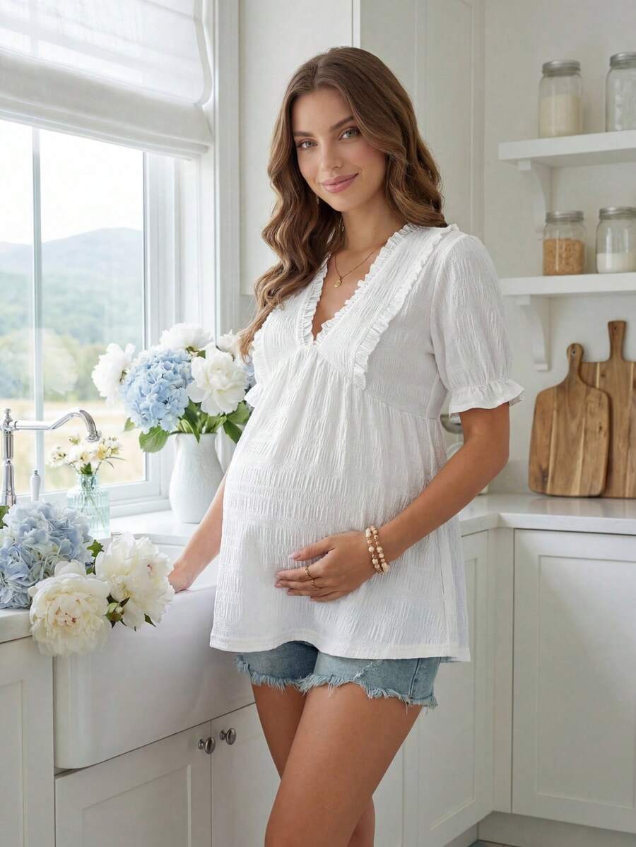 White Woven Crepe Maternity Peplum Top – Elegant V-Neck Flounce Half Sleeve Ruffle Hem Summer Blouse for Pregnant Women – Semi-Sheer Holiday Doll Style Shirt