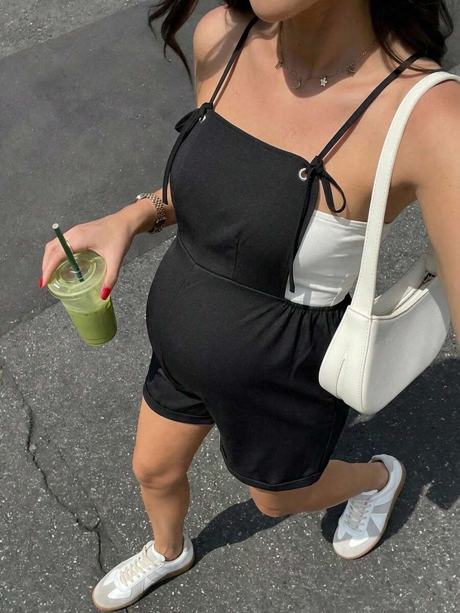 Black Maternity Spaghetti Strap Casual Romper High Waist Loose Fit Sleeveless Short Jumpsuit for Daily Commute and Summer Vacation