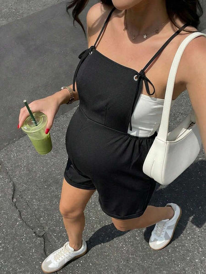 Black Maternity Spaghetti Strap Casual Romper High Waist Loose Fit Sleeveless Short Jumpsuit for Daily Commute and Summer Vacation