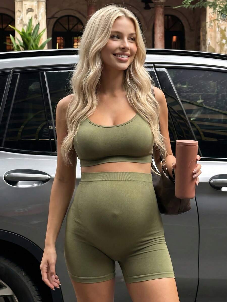 Maternity Olive Green Floral Spaghetti Strap Micro Crop Top and High Waist Biker Shorts 2-Piece Activewear Set