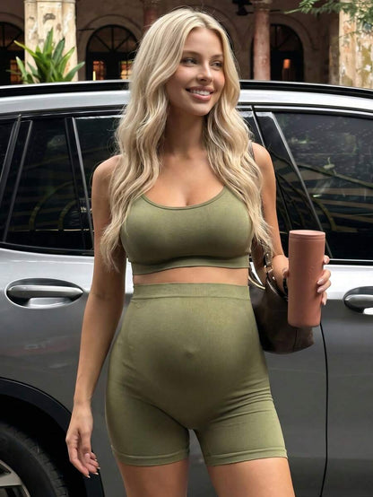 Maternity Olive Green Floral Spaghetti Strap Micro Crop Top and High Waist Biker Shorts 2-Piece Activewear Set