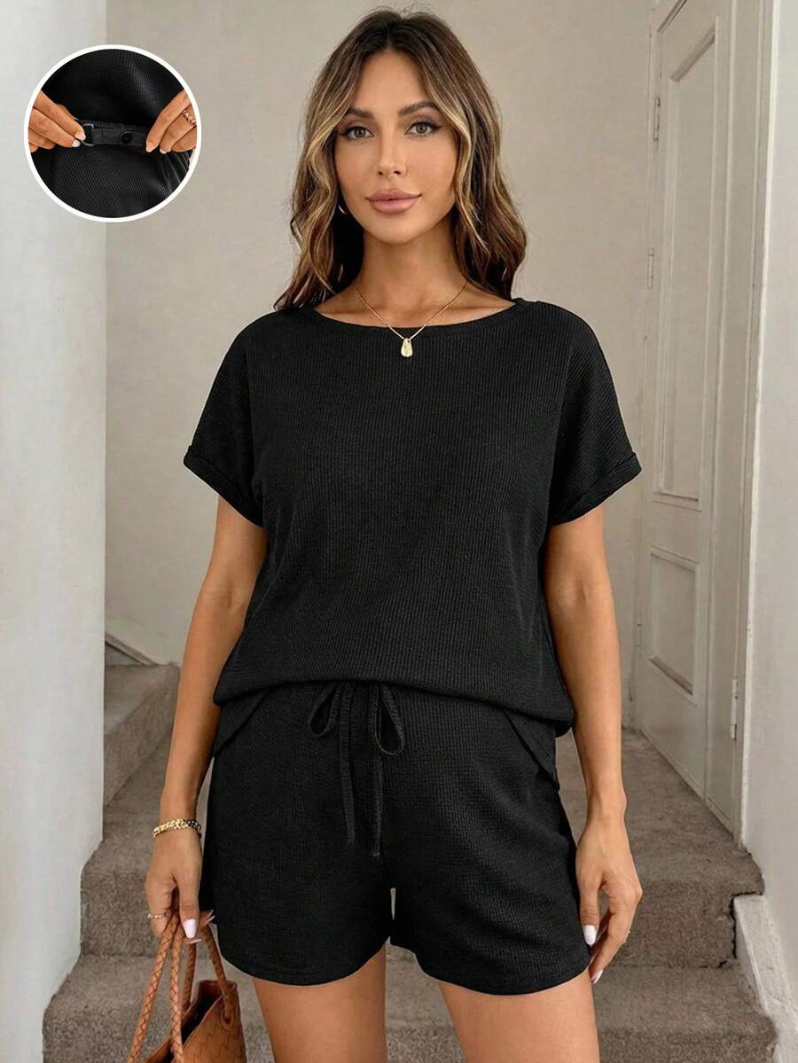 Black Maternity Batwing Sleeve Top and Adjustable Shorts 2-Piece Set - Casual Loose Fit Summer Lounge Set - Solid Color Boat Neck Commute Outfit