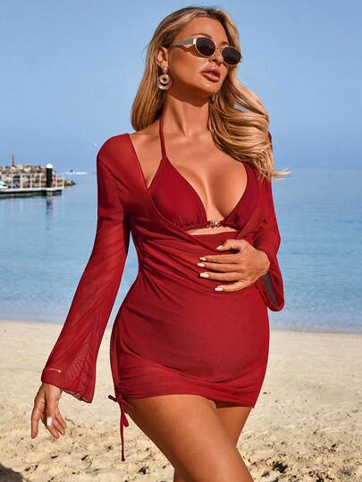 Maternity Bikini Set - Halter Tie Swimwear with Cover-Up Dress, Red