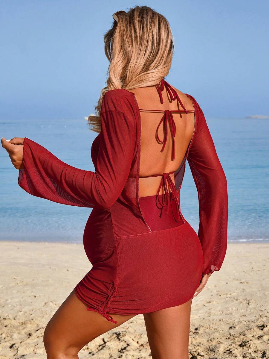 Maternity Bikini Set - Halter Tie Swimwear with Cover-Up Dress, Red