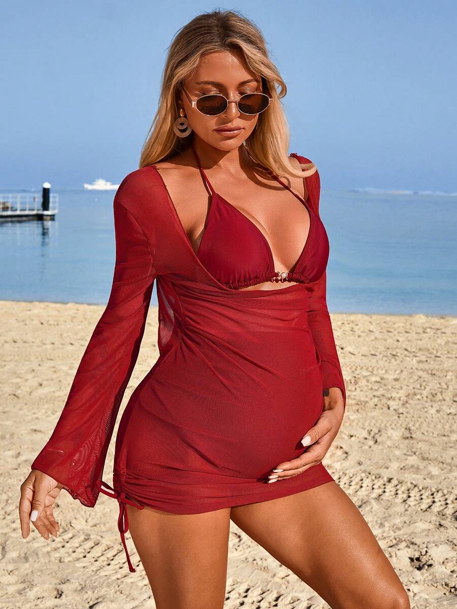 Maternity Bikini Set - Halter Tie Swimwear with Cover-Up Dress, Red