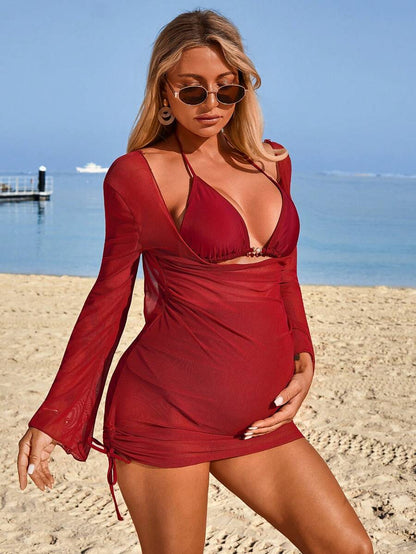 Maternity Bikini Set - Halter Tie Swimwear with Cover-Up Dress, Red