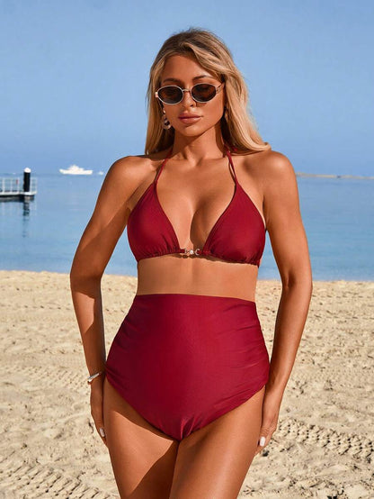 Maternity Bikini Set - Halter Tie Swimwear with Cover-Up Dress, Red