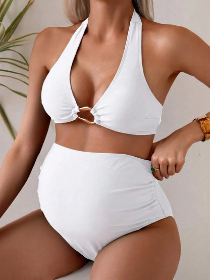 Maternity Halter Bikini Set - Solid Stretch Comfortable Summer Beach Vacation, Mom To Be