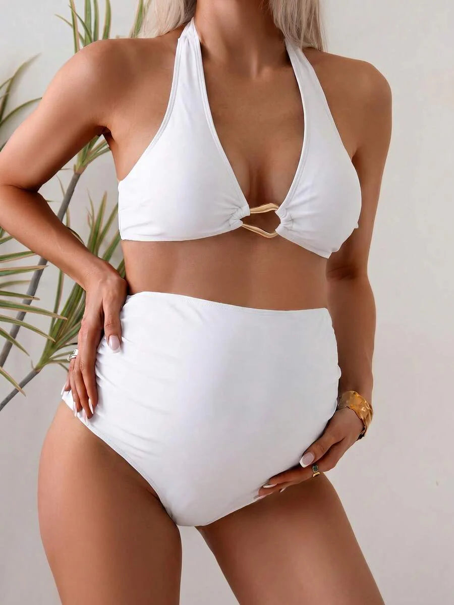 Maternity Halter Bikini Set - Solid Stretch Comfortable Summer Beach Vacation, Mom To Be