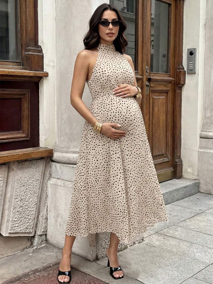 Summer Outfit  Maternity Work Clothes Maternity Work Outfits Work Dresses  Elegant Halter Neck Black Polka Dot Asymmetrical Hem, Flowing Tie, Maternity Dress For Working Professionals. Maternity Vacation Allover Print Asymmetric Hem Fashionabl
