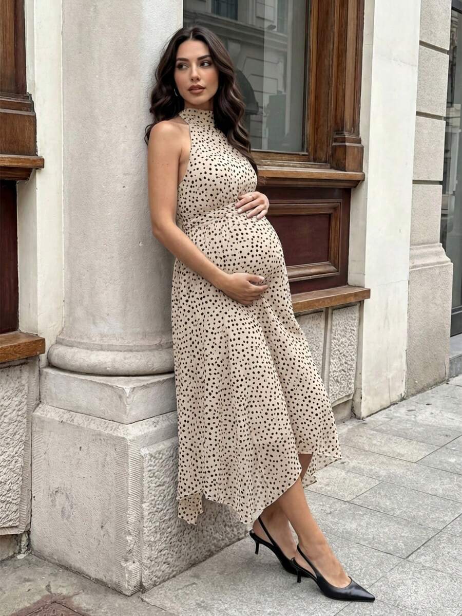Summer Outfit  Maternity Work Clothes Maternity Work Outfits Work Dresses  Elegant Halter Neck Black Polka Dot Asymmetrical Hem, Flowing Tie, Maternity Dress For Working Professionals. Maternity Vacation Allover Print Asymmetric Hem Fashionabl