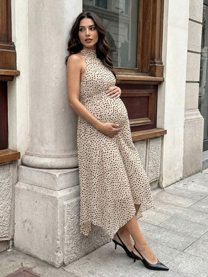 Summer Outfit  Maternity Work Clothes Maternity Work Outfits Work Dresses  Elegant Halter Neck Black Polka Dot Asymmetrical Hem, Flowing Tie, Maternity Dress For Working Professionals. Maternity Vacation Allover Print Asymmetric Hem Fashionabl