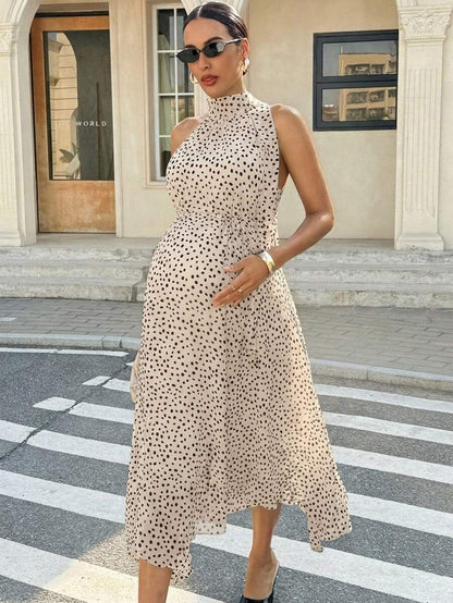 Summer Outfit  Maternity Work Clothes Maternity Work Outfits Work Dresses  Elegant Halter Neck Black Polka Dot Asymmetrical Hem, Flowing Tie, Maternity Dress For Working Professionals. Maternity Vacation Allover Print Asymmetric Hem Fashionabl