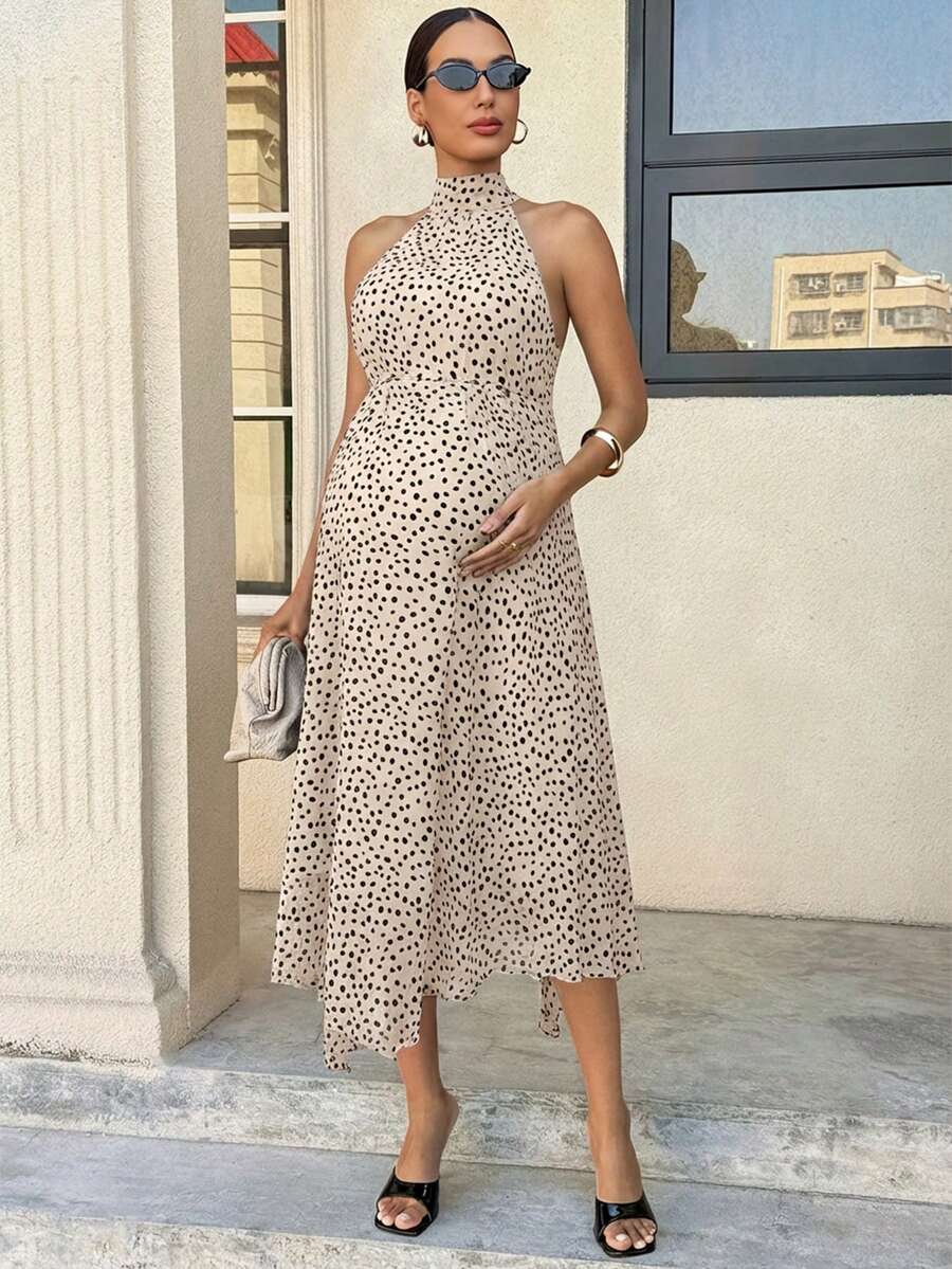 Summer Outfit  Maternity Work Clothes Maternity Work Outfits Work Dresses  Elegant Halter Neck Black Polka Dot Asymmetrical Hem, Flowing Tie, Maternity Dress For Working Professionals. Maternity Vacation Allover Print Asymmetric Hem Fashionabl