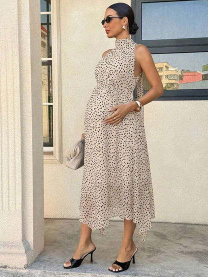 Summer Outfit  Maternity Work Clothes Maternity Work Outfits Work Dresses  Elegant Halter Neck Black Polka Dot Asymmetrical Hem, Flowing Tie, Maternity Dress For Working Professionals. Maternity Vacation Allover Print Asymmetric Hem Fashionabl