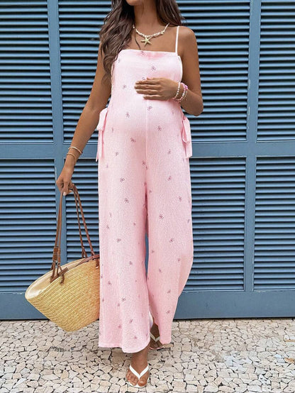 Pink Bow Print Maternity Jumpsuit – Boho Spaghetti Strap High Waist Loose Fit Wide Leg Overalls for Baby Shower, Photoshoot, & Beach Wear