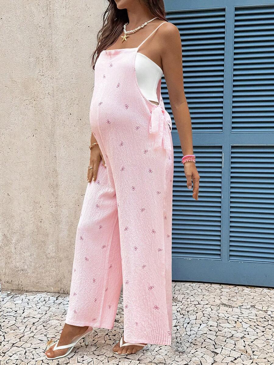 Pink Bow Print Maternity Jumpsuit – Boho Spaghetti Strap High Waist Loose Fit Wide Leg Overalls for Baby Shower, Photoshoot, & Beach Wear